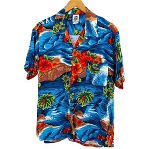 Vintage 90s Kennington Blue Hibiscus Island Palm Tree Tropical Aloha Shirt